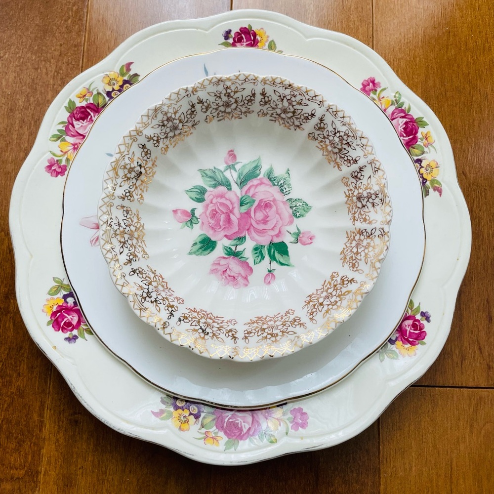 Vintage Floral Pink Rose Porcelain Bowl and Plates Set